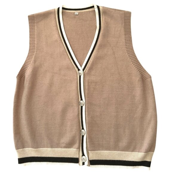 Gihuo Womens XL Beige and Brown Knit Vest With Striped Trim and Button Closure - Picture 1 of 7